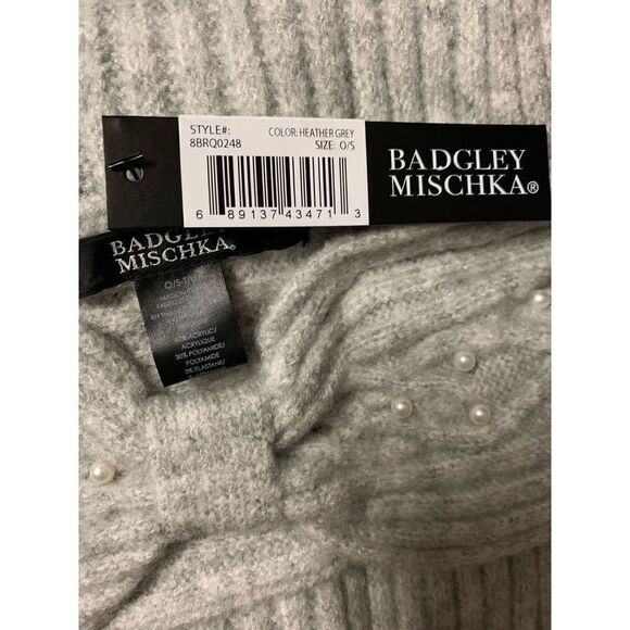 Badgley Mischka Cable Knit Headband & Scarf Set Gray with Pearl Trim - Picture 3 of 5